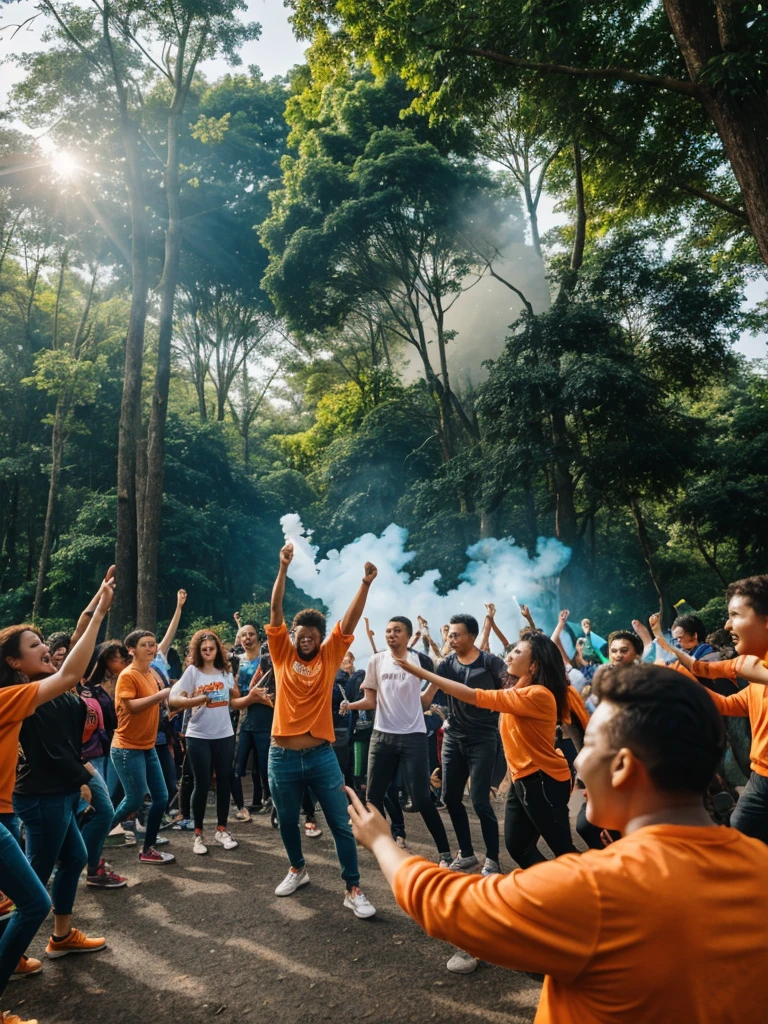 A vibrant group of people outdoors, shrouded in dense, bright orange smoke emanating from a smoke flare. The expressions are of joy and enthusiasm as they hold signs and flags with the name "Leah Mendes" in highlighted letters. Energetic young people wear colorful shirts, ripped jeans and clean white sneakers, jumping and dancing. The background is composed of lush vegetation, with tall trees and dense foliage, suggesting the event is taking place in a park or forested area. The atmosphere is festive, with laughter and shouts of support echoing through the room, reinforcing the spirit of community and unity.