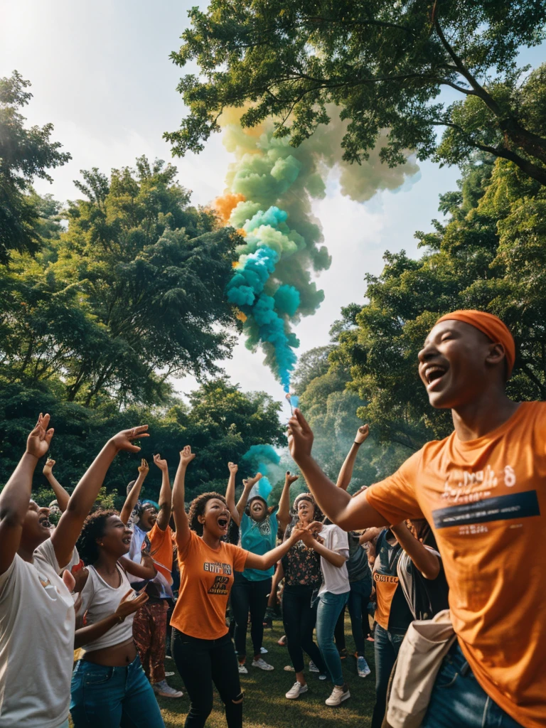 A vibrant group of people outdoors, shrouded in dense, bright orange smoke emanating from a smoke flare. The expressions are of joy and enthusiasm as they hold signs and flags with the name "Leah Mendes" in highlighted letters. Energetic young people wear colorful shirts, ripped jeans and clean white sneakers, jumping and dancing. The background is composed of lush vegetation, with tall trees and dense foliage, suggesting the event is taking place in a park or forested area. The atmosphere is festive, with laughter and shouts of support echoing through the room, reinforcing the spirit of community and unity.