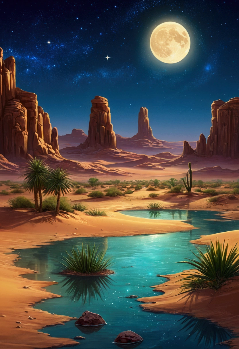 painting of a wasteland with a beautiful oasis, Bela arte UHD 4K, stary night,moonligh,a beautiful art illustration, cute digital painting, digital painting highly detailed, beautiful digital art, wasteland,Arabian Desert , wasteland oasis, detailed painting 4k, very detailed digital painting, rich, picturesque colors, cute digital painting, 2 moonlighs e um sol