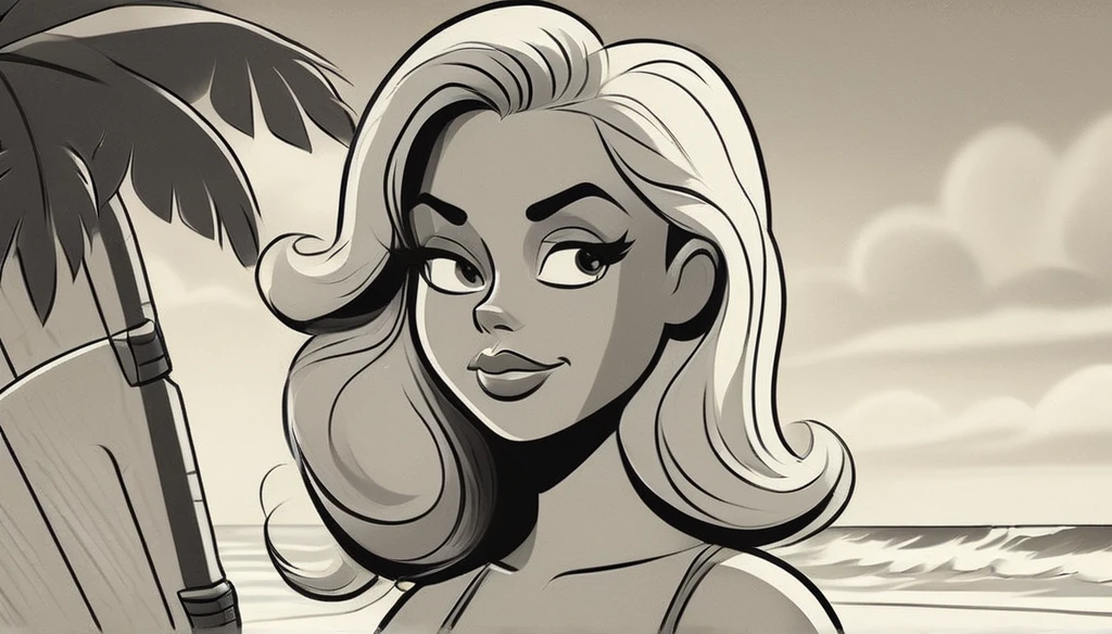 black and white vintage cartoon of  Flat colors, close up, Portrait of a 25 year old surfer looking girl, tan skin, beach blonde salty hair, natural beaty, beautiful, Cleavage, (([Simply white Background]))Masterpiece, raw, beautiful art, professional artist, 8k, very detailed face, very detailed hair, 1girl, , wearing tight pajama shorts,((([ topless, large perfect breast, perfect perky nipples])))