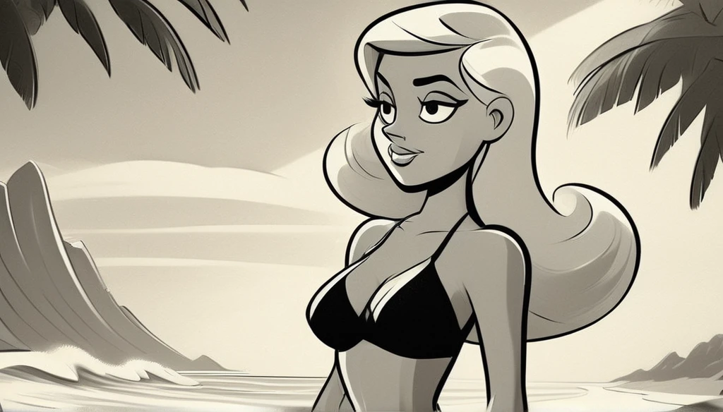 black and white vintage cartoon of  Flat colors, close up, Portrait of a 25 year old surfer looking girl, tan skin, beach blonde salty hair, natural beaty, beautiful, Cleavage, (([Simply white Background]))Masterpiece, raw, beautiful art, professional artist, 8k, very detailed face, very detailed hair, 1girl, , wearing tight pajama shorts,((([ topless, large perfect breast, perfect perky nipples])))