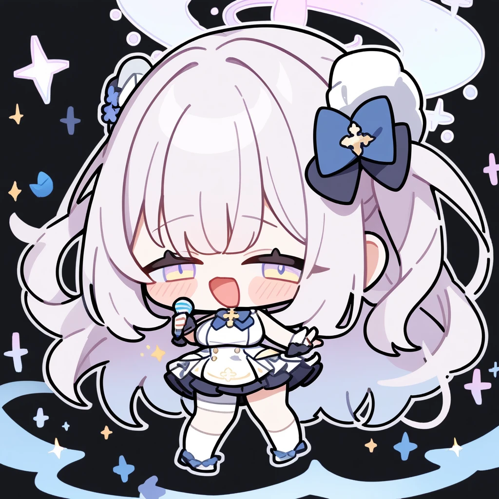 1Girl,mika (blue archive) , blue archive, smile ,big breasts, singing, looking at viewer, black background,masterpiece, aesthetic, newest, white outline,chibi,full body, sparkle,ster
