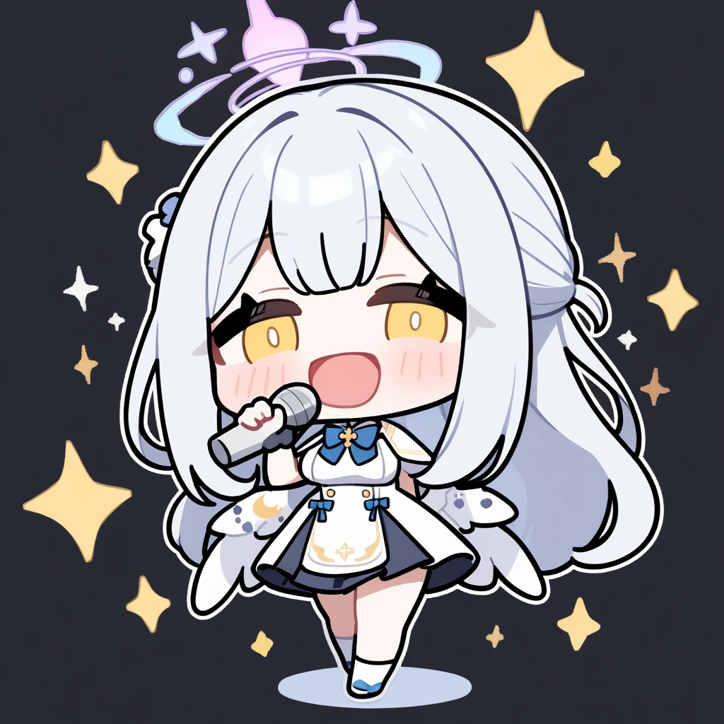 1Girl,mika (blue archive) , blue archive, smile ,big breasts, singing, looking at viewer, black background,masterpiece, aesthetic, newest, white outline,chibi,full body, sparkle,ster
