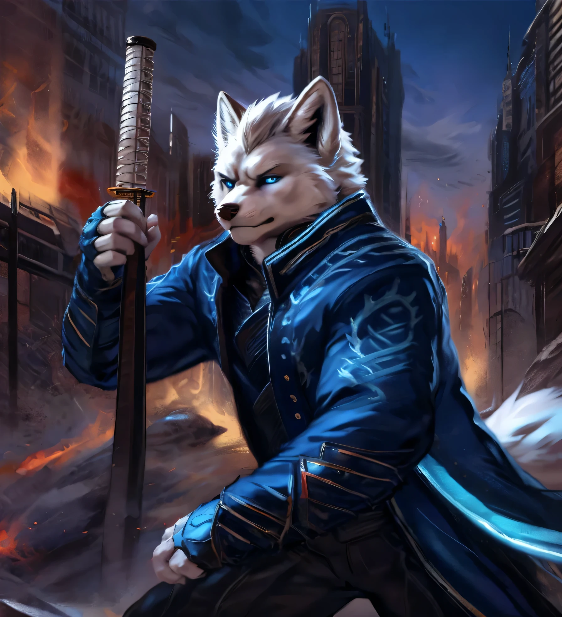 Vergil, blue clothing, robe, katana with white handle, devil may cry, white hair, slick back, blue eyes, cold stare, holding katana, detailed, realistic, dynamic pose, swinging katana, facing viewer, fight scene, running, detailed background, destroyed city background, arctic fox, white fur, high quality, highest quality, by zackary911, by chunie, katana