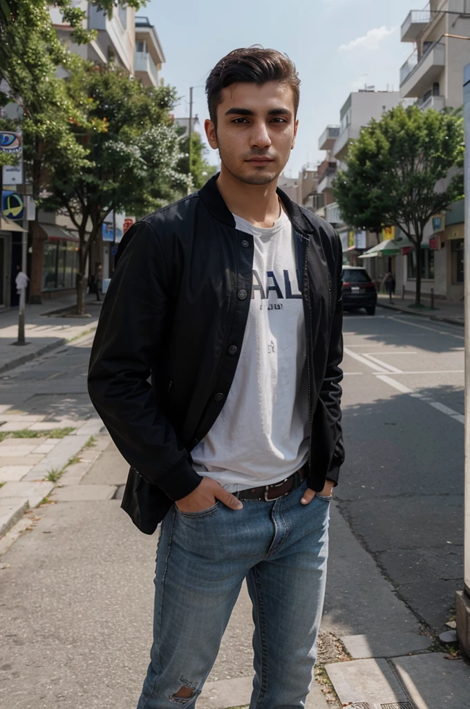 A young Turkish man around 25 years old, captured in an ultra-realistic portrait, wearing casual clothes and sporting casuaz short hair, standing outside on a sunny day. His expression is relaxed and natural, blending seamlessly into the urban backdrop. Photo should looks like a taked from real phone. Negative prompt: bad face. Photography, 8K HD resolution for lifelike detail, --ar 1:1 --v 5