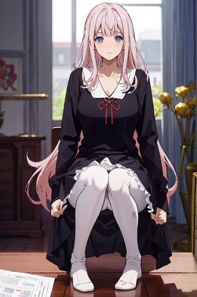 、Pink Hair、Medium Hair、、Pale blue eyes、Head to toe full body、Blushing、Embarrassed look、Composition from the front、A view from slightly below、Sit facing forward、No shoe-shaped legs、squat、Spread your legs in an M shape、Grab my leg、、、blazer、White blouse、Navy blue ribbon、Short pleated skirt、White panties、black pantyhose、(black_pantyhose):1.2)、White panties are visible、bedroom、Inside the room、Daytime、Panty shot、Staring at the audience、Thin legs、Thin thighs、Slim toe、Squatting on the stairs