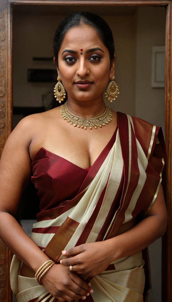 Foto RAW, photorealistic, photography, full body shot, 50 years old Woman, master shot, perfect eyes, goddess like beauty, pierced eyes, perfect thick chubby mallu Desi aunty bhabhi, Wearing a Stanapatta, a chest-band.Saree model, model Photography, Indian saree shoot, Indian traditional wear advertising photography, traditional wear brand shoot, face of Indian actress Sonakshi Sinha, masterpiece, realistic, realism, incredible details, pleasure, photorealism, detailed skin, skin pores, high contrast, photorealistic Artstation 8k HD digital art trend of high definition and detailed realistic skin texture, ultra detail, realistic skin texture, armature, best quality, ultra high definition, (photorealistic:1.4),, high resolution, detail, raw photo, sweat, Re sharp, by Lee Jefferies Nikon D850 Film Stock Photo 4 Kodak Portra 400 Camera F1.6 Lens Rich Color Ultra Real Realistic Realistic Textures Dramatic Lighting Unreal Engine Trending at Art Station Cinestill 800,(pele altamente detalhada: 1.2), 8k UHD, DSLR, soft-lighting, alta qualidade, grain of film, Fujifilm XT3,she didn't like to wear blouse or bra, she is happy to wear only saree, she hates blouse or bra, detailed hairy armpits, hyper realistic skin, skin pores, sweat, veins, short hairs on armpit, stubble armpits, hyper realistic hairy armpits, low waist saree,