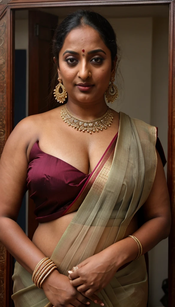 Foto RAW, photorealistic, photography, full body shot, 50 years old Woman, master shot, perfect eyes, goddess like beauty, pierced eyes, perfect thick chubby mallu Desi aunty bhabhi, Wearing a Stanapatta, a chest-band.Saree model, model Photography, Indian saree shoot, Indian traditional wear advertising photography, traditional wear brand shoot, face of Indian actress Sonakshi Sinha, masterpiece, realistic, realism, incredible details,  pleasure, photorealism, detailed skin, skin pores, high contrast, photorealistic Artstation 8k HD digital art trend of high definition and detailed realistic skin texture, ultra detail, realistic skin texture, armature, best quality, ultra high definition, (photorealistic:1.4),, high resolution, detail, raw photo, sweat, Re sharp, by Lee Jefferies Nikon D850 Film Stock Photo 4 Kodak Portra 400 Camera F1.6 Lens Rich Color Ultra Real Realistic Realistic Textures Dramatic Lighting Unreal Engine Trending at Art Station Cinestill 800,(pele altamente detalhada: 1.2), 8k UHD, DSLR, soft-lighting, alta qualidade, grain of film, Fujifilm XT3,she didn't like to wear blouse or bra, she is happy to wear only saree, she hates blouse or bra, detailed hairy armpits, hyper realistic skin, skin pores, sweat, veins, short hairs on armpit, stubble armpits, hyper realistic hairy armpits, low waist saree, 