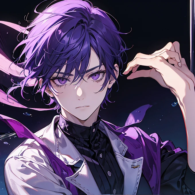 a man with purple short hair, purple eyes, and a cool expression