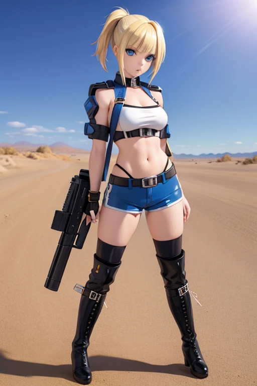 Perfect Anatomy　Highest quality,Highest Resolution,(((hot pants　boots)))　Metal Max 2:Reloaded　Lena　gun　Blonde　short　Blue Eyes　C Cup　Toned　16 years old　end of the century　desert　