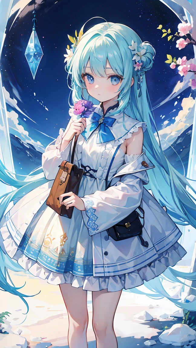 (masterpiece, Highest quality), (colorful:1.4), From above, alone, A girl standing in a hidden clearing where time has stopped, Frozen Flower and Magic Hourglass Bag, Depth of written boundary, Fisheye Lens