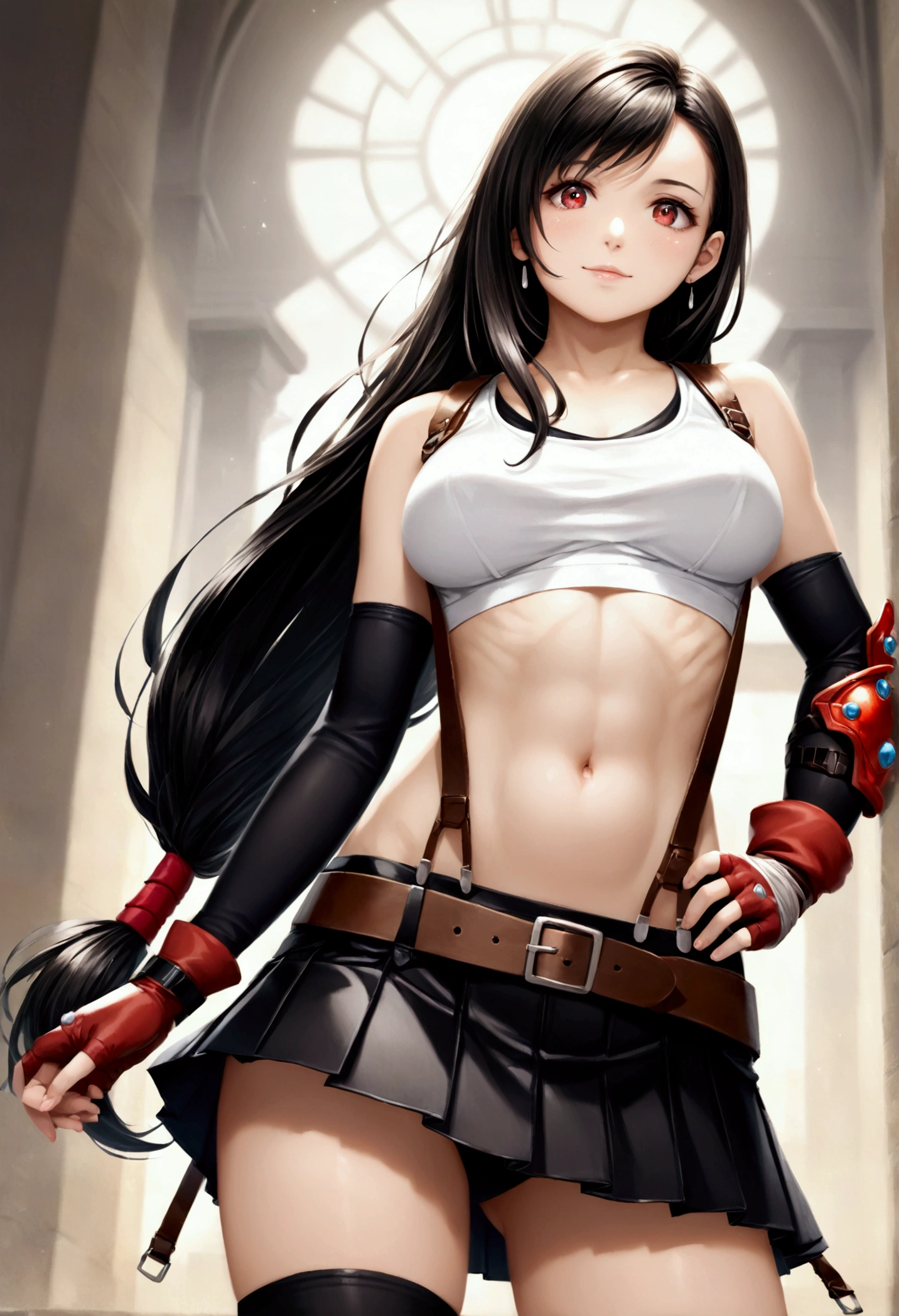 score_9, score_8_up, score_7_up,,BREAK , ,from front,front view,below angle,,standing,contrapost,upperbody ,,straight-on,Solo,1girl, tifa lockhart, final fantasy,ultra beautiful ,black hair, low-tied long hair, red eyes, bangs, (white tank top,gap),High exposure,Belly exposure,the ribs,(belt, pleated skirt, thighhighs, elbow fingerless gloves, elbow pads, midriff, navel,suspenders.skirt),beautiful waist ,((large_breast:1.3)),light smile,,hand on own hip,daytime,outdoor,(ultra detailed),(best quality),(aesthetic,very aesthetic),UHD,photorealistic,game cg.extremely detailed CG unity 8k wallpaper,anime,depth of field,,,