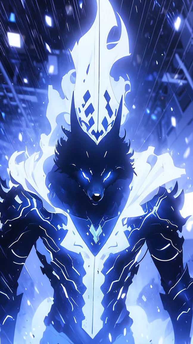 Black wolf, with blue energy, white doctor's coat, white shirt, black tie, in the parking lot, night

