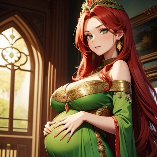 Beautiful pregnant nature queen, red hair, ornate green dress with gold details, 