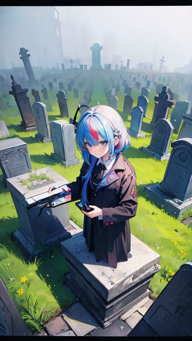 (masterpiece, Highest quality), (colorful:1.4), From above, alone, A foggy graveyard with a tombstone tilted at an odd angle and a girl holding ghost-hunting equipment, Depth of written boundary, Fisheye Lens
