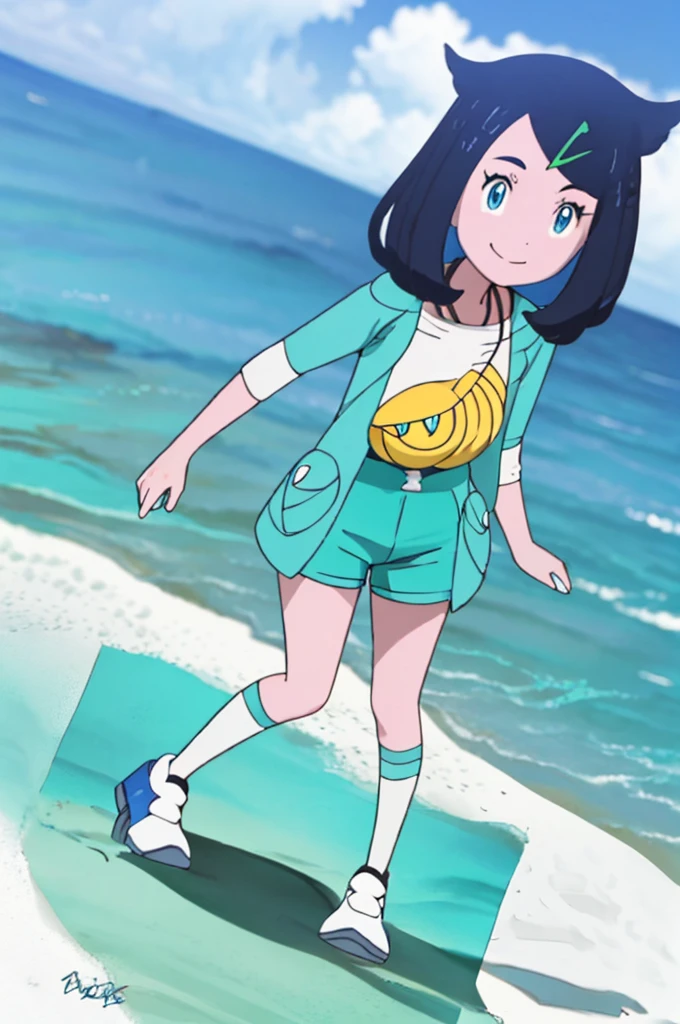 1girl, blue hair short hair, blue eyes, beautiful detailed eyes, beautiful detailed lips, white tank top, yellow shorts, smiling, pokemon, white shoes, blue sandals, beach, daytime, looking at viewer, (best quality,4k,8k,highres,masterpiece:1.2),ultra-detailed,(realistic,photorealistic,photo-realistic:1.37),outdoors,vibrant colors,natural lighting