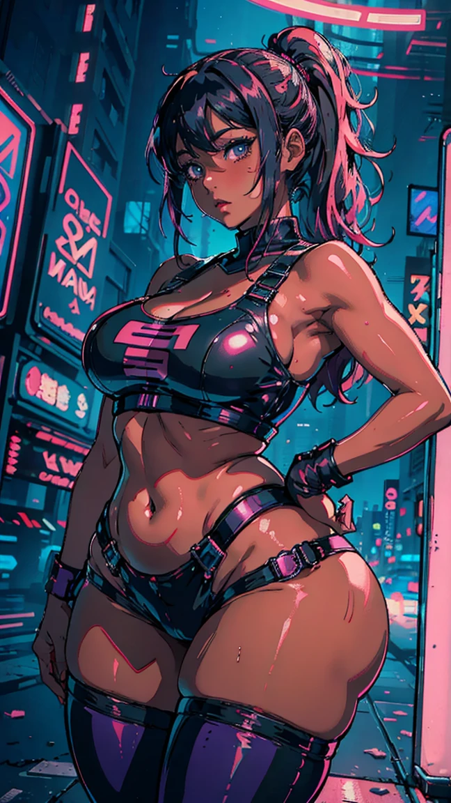 (Hinata Hyuga, Very sensual, Wearing tight clothes, ,( curvy body 1.3))), Big Ass, Thick legs, Colorful full-body bodysuit, Wearing a mini blouse, Navel comes out, Long Hair, Rear Speakers, Very realistic, Cyberpunk city view, clearly defined lines, Neon lights are so sexy, 8k, 8k Very detailed), (Very delicate and beautiful), (masterpiece), (Better Quality: 1.0), (Ultra-high resolution:1.0), ((Synthwave Background Theme))