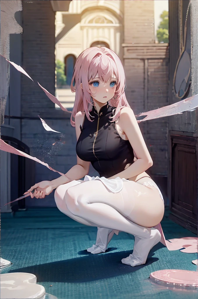 、Pink Hair、Medium Hair、、Pale blue eyes、Head to toe full body、Blushing、Embarrassed look、Composition from the front、A view from slightly below、Sit facing forward、No shoe-shaped legs、squat、Spread your legs in an M shape、Grab my leg、、、、White panties、black pantyhose、(black_pantyhose):1.2)、White panties are visible、bedroom、Inside the room、、Staring at the audience、Thin legs、Thin thighs、Slim toe、Squatting on the stairs