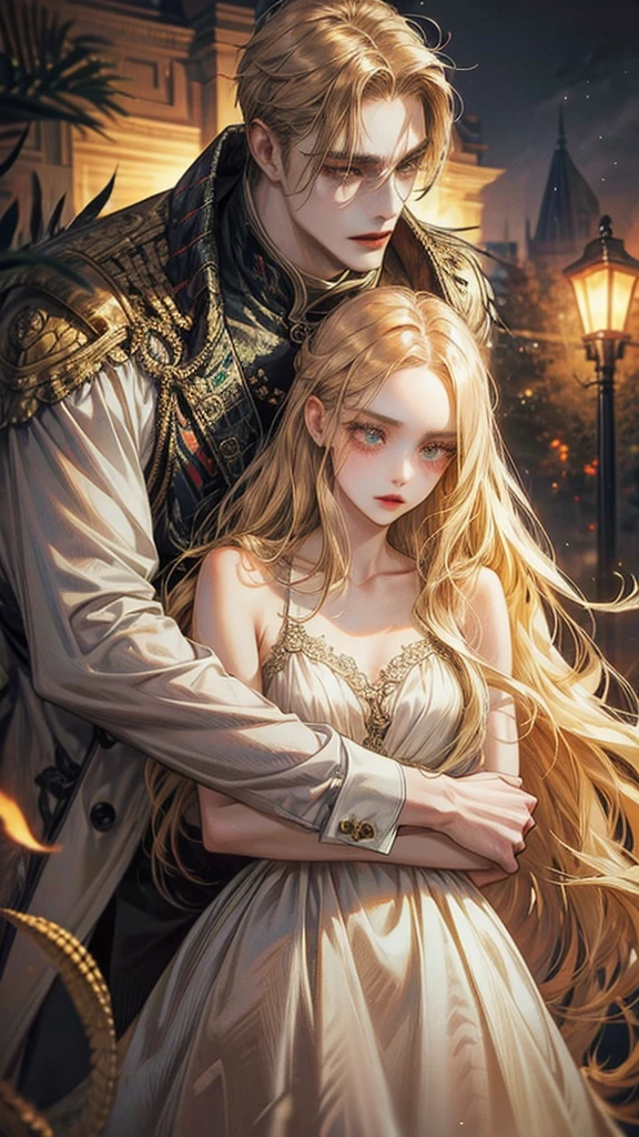 demon man with long blonde hair and reptile eyes, attractive and human woman, of Brown hair, with white dress, hugged, around them fog and night 