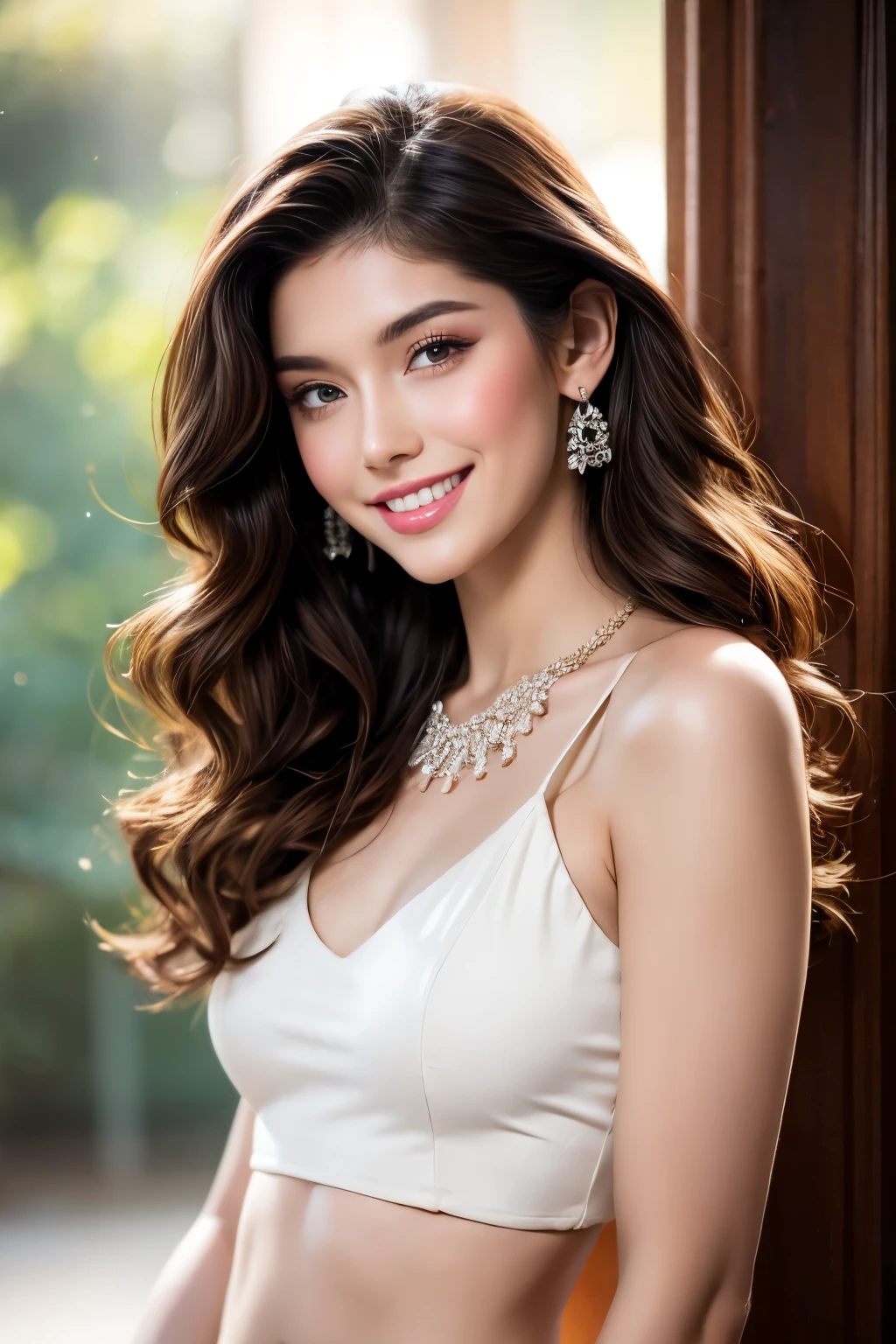 Extremely beautiful illustration of a stunning girl, 18 yo, very detailed and sharp facial features, very detailed and shinning natural hairs, very detailed and shinning glossy eyes, detailed full glossy lips, detailed white teeth, detailed sharpnose, perfect symmetrical face, very detailed and natural round medium breasts,, very small frock with frills, earrings and necklace, perfect midriff, cute and blushing, flowers, indoors, night time, perfect lighting, ray tracing, cinematic colour grading, very hyper realistic, seductive pose, flirty smile,