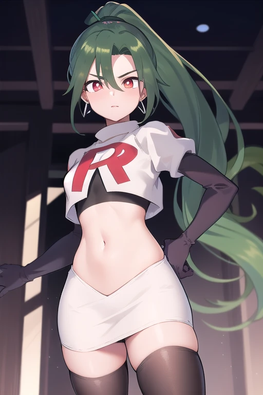 absurdres, best quality, 1girl, solo, eye focus, looking at viewer,  rika, ahoge, ponytail, bright pupils, white pupils, earrings, green hair, red eyes, bright pupils, team rocket,team rocket uniform,white skirt,red letter R,crop top,black thigh-highs,black elbow gloves