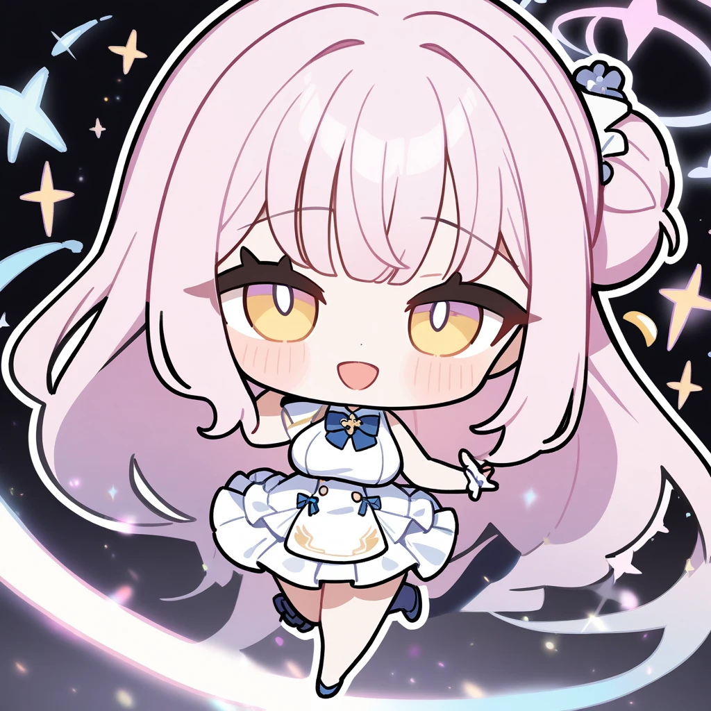 1Girl,mika (blue archive) , blue archive, smile , pink hair, big breasts, looking at viewer, black background,masterpiece, aesthetic, newest, white outline,chibi,full body, sparkle,ster