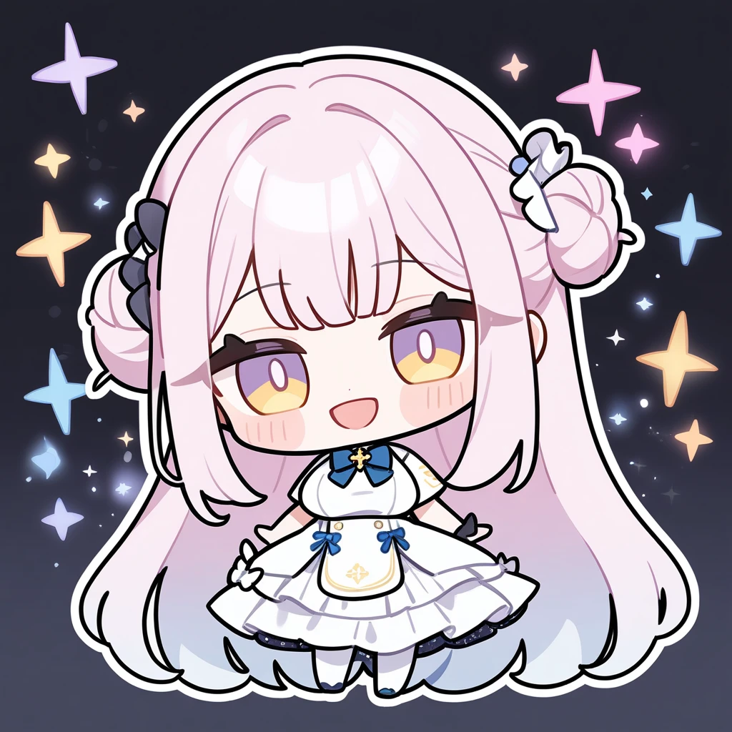1Girl,mika (blue archive) , blue archive, smile , pink hair, big breasts, looking at viewer, black background,masterpiece, aesthetic, newest, white outline,chibi,full body, sparkle,ster
