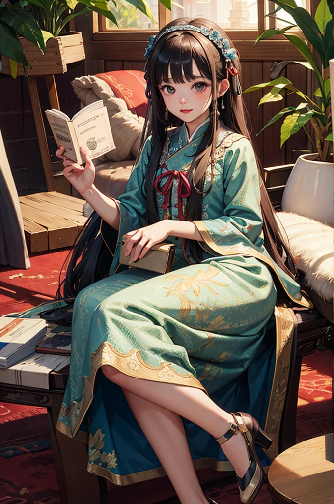 (Masterpiece: 1.1), (Best Quality, Ultra Resolution: 1.0), (8K Resolution: 1.2), (Photorealistic, Ultra Detail, Clear Focus 1:0), (Original Photo, Lighting: 1:1), BREAK detailed reflecting eyes by professional digital painting, beautiful pretty cute small face, BREAK 1girl, Chinoiserie long Dress, black Midi Frill Petticoat, Ribbon Bijoux hairband, Jacquard Separate Pumps