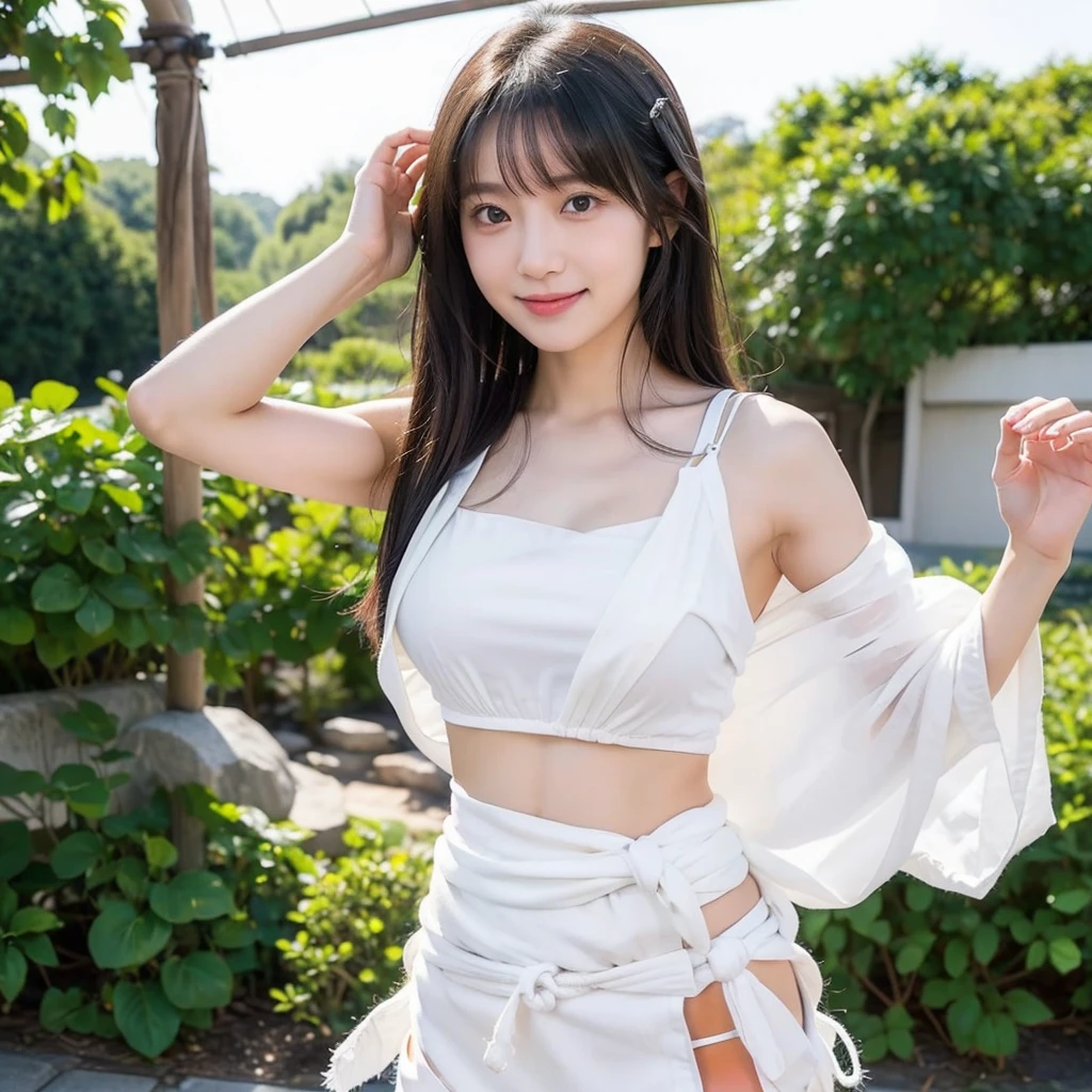 日本people、1people、The most beautiful woman、smile、Shyness、clear、Shiny black hair、Photo Style、length, bangs、light makeup、Standard face、(((Wearing a white Etchu loincloth)))、((Light clothing:0.5))、(She is hiding her breasts by wrapping a cloth around her chest.)、Summer festival、(((Showing off your loincloth))), 32k, Raw photo、Highest quality