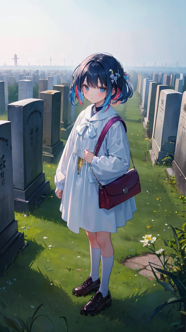 (masterpiece, Highest quality), (colorful:1.4), From above, alone, Girl standing in a foggy cemetery。Gravestones rise up in the mist、Carrying a bag of charms。, Depth of written boundary, Fisheye Lens