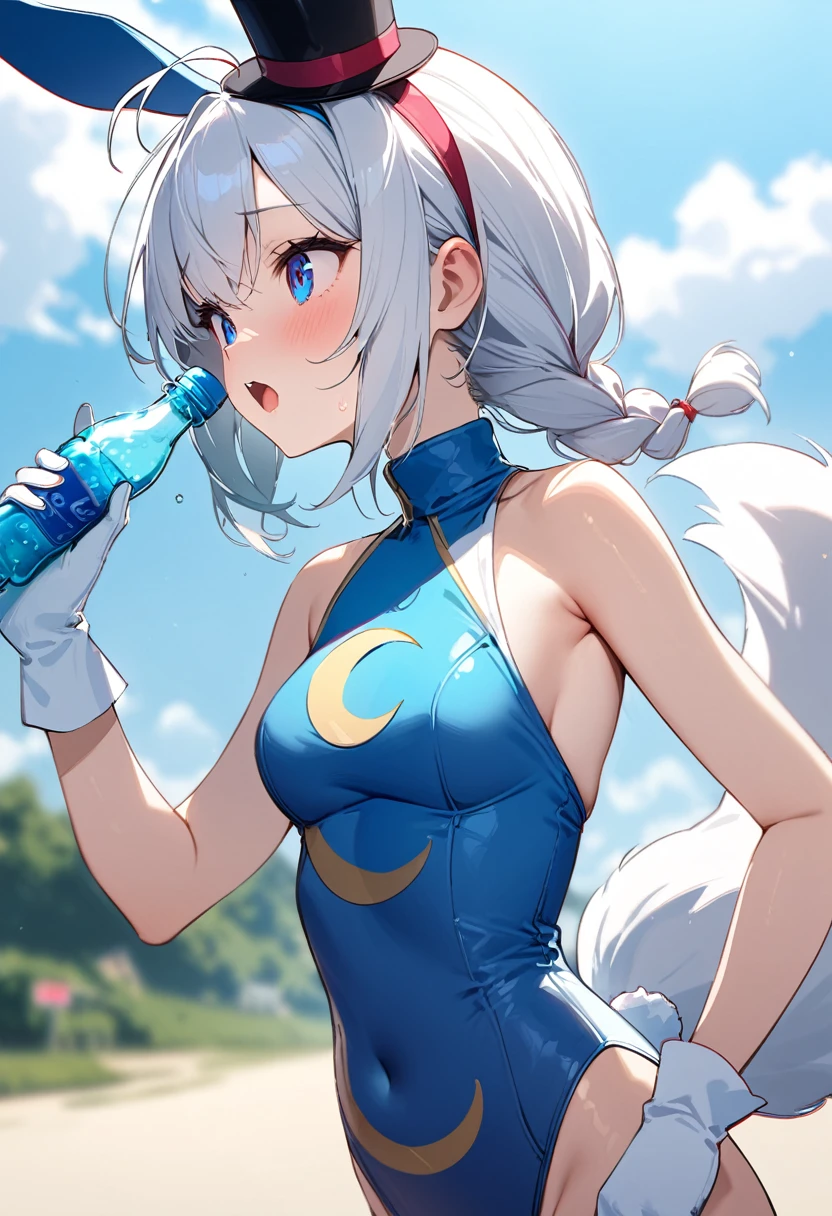 masterpiece, (detailed, highres, best quality), 1girl, white hair, single side braid, ahoge, fox tail, fubukielegant, (braided ponytail) mini hat, top hat, hairband, mrkcosp, sleeveless turtleneck leotard, (crescent print), white gloves, blue thighhighs, rabbit ears, rabbit tail, frightened, blue sky, blurry, blurry background, chromatic aberration, cloud, cloudy sky, day, depth of field, glint, outdoors, ramune, sky, soda bottle, upper body, hand up, looking away, solo 