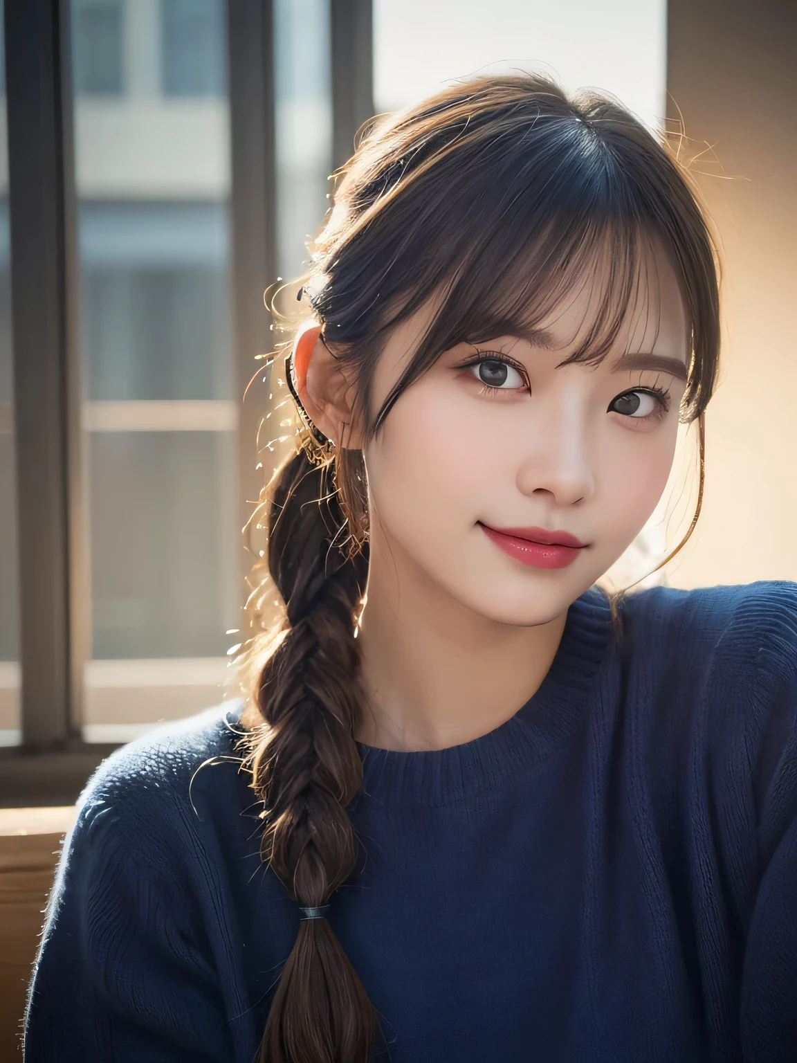 (masterpiece:1.3), (8K, Photorealistic, Raw photo, Best image quality: 1.4), 20-year-old girl、(Random Hairstyles:1.2)、Super detailed face、Attention to detail、double eyelid、Sharp focus:1.2、Beautiful woman:1.4、Light brown hair、ponytail、Natural color lip、Highest quality、masterpiece、Ultra-high resolution、(Photorealistic:1.4)、Highly detailed and professional lighting、Wear a dark blue sweater、thin、Serious expression、Clear Skin、Random pose、Shiny Hair、Sculpture model pose、ponytail、One-sided braid、smile