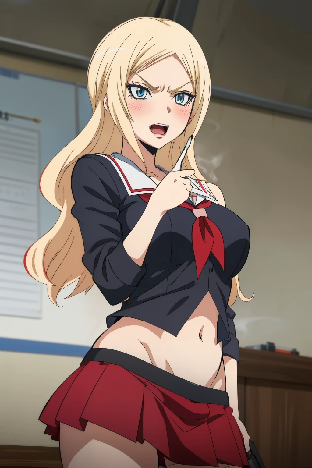 1girl, IrinaJelaviÄR4, blonde hair, blue eyes, blush, lipstick, Hot girl, baddie, staring, glaring, bad attitude, mean girl, dare, angry, hate, crazy, smoking, sensual, attractive, masterpiece, best quality, highly detailed, a anime girls in sailor uniforms with a gun posing for a picture,
evil smile, smile, open mouth,black_serafuku, ecchi anime style, anime girls , (nsfw) not safe for work,
ecchi style, ecchi, shipgirls, digital anime art!!, high school girls, holding a gun, hold a gun, anime style 4
k, micro skirt, exposed belly, exposed navel, exposed midriff,
exposed lower belly,school, classroom,