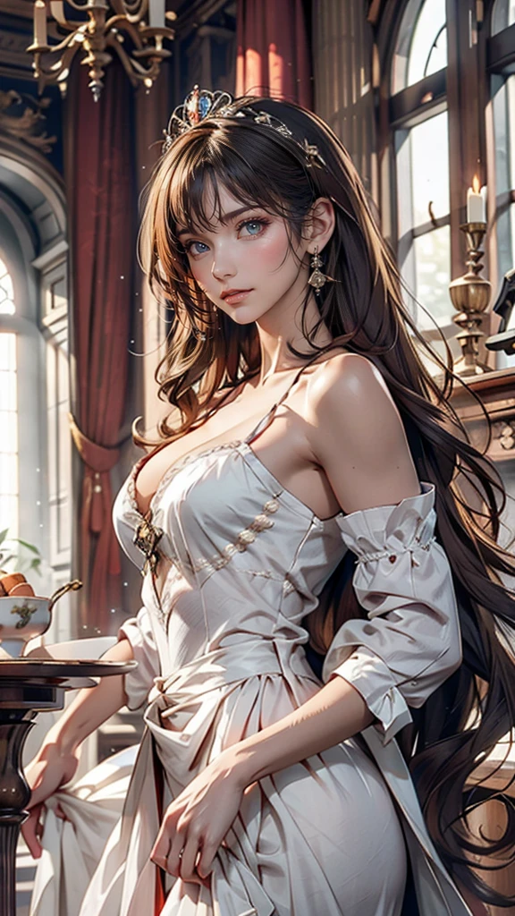 ((最high quality, 8K, masterpiece: 1.3, Ultra HD, high quality, 最high quality, High resolution, realism)) 、Marie Antoinette、Wear a Bourbon dynasty dress、Blonde、Upstyle your hair、Inside the Palace of Versailles in France、Enjoy tea time in a luxurious room