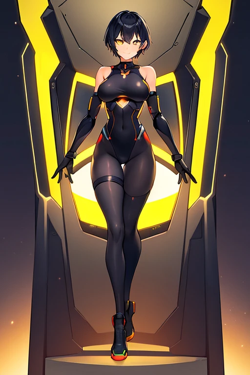 1girl, tan, tan skin, tan-skinned female, yellow eyes, black hair, very short hair, tomboy, pixie cut, large breasts, hourglass figure, bodysuit, black bodysuit, neon, neon trim, machinery, tech, science-fiction, futuristic, smile, standing, full body, ((full body)), arms down, hands down, robot girl, pantyhose, black pantyhose, ((pantyhose))