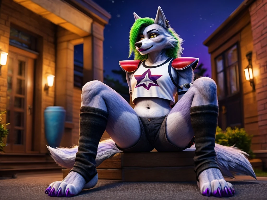  Roxanne is an animatronic wolf with a punk rock aesthetic. She presents as a gray-furred wolf with bright yellow eyes. She has black streaks of makeup on her cheeks and wears purple lipstick. The claws on her feet are painted purple, and the claws on her hands are green. Her hair is long and silver, with a bright green streak, there is a panel-like seam under her chest, upper arms, and upper thighs. She also has light grey markings on the inside of her ears, paw pads, around her muzzle, and on her belly. Her clothes consist of a red crop top, hot pants, and shoulder pads adorned with black star-like patterns. Additional accessories include black and purple earrings, two spiked bracelets, a spiked belt, and purple arm and leg warmers with black tiger stripes, anthro wolf, female, adult, grey fur, buffed body, sexy, beefy body, furred body, beautiful, furry chest hair, realistic, full body, photorealistic, ultra realistic, 8k, night, bare-chested, in back turned posing, sexy butt 