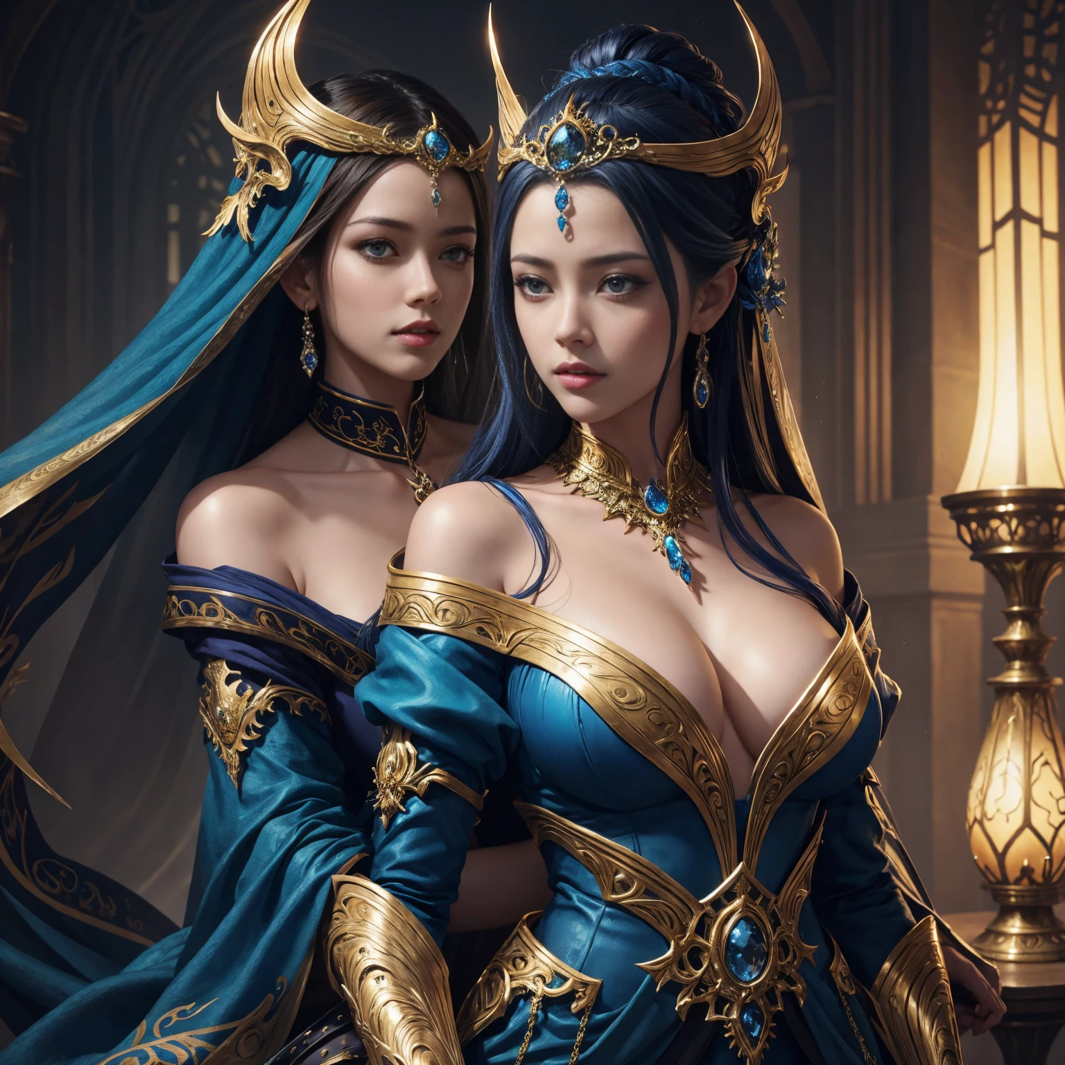 a AMBER HEARD in a blue dress with a tiable and gold jewelry, karol bak uhd, 8k high quality detailed art, fantasy woman, detailed fantasy art, 4k fantasy art, fantasy art style, beautiful alluring anime woman, detailed fantasy digital art, beautiful fantasy art, hd fantasy art, fantasy style art, 4 k detail fantasy, beautiful detailed fantasy