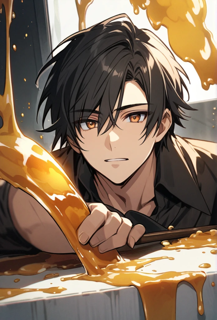 Handsome, solo, 1 man, black hair, honey eyes, brown honey eyes