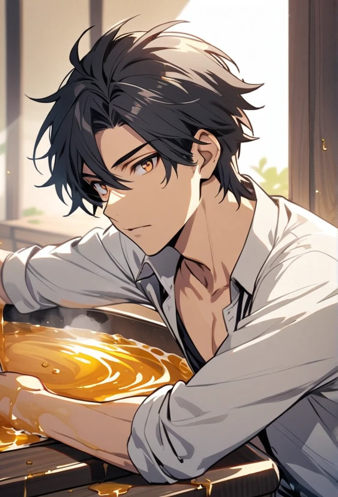 Handsome, solo, 1 man, black hair, honey eyes, brown honey eyes