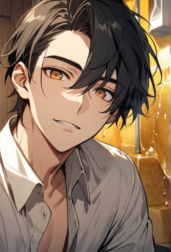 Handsome, solo, 1 man, black hair, honey eyes, brown honey eyes