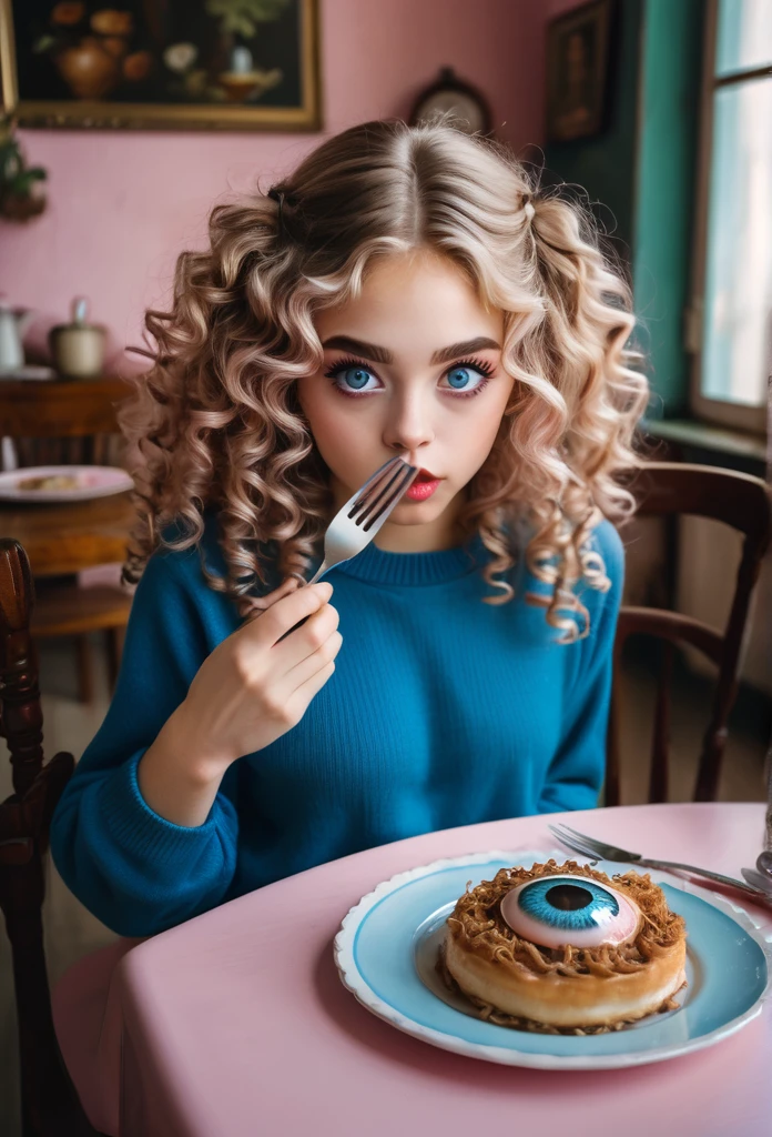 A girl ((big wide gree eyes)) pink lips wearing blue pull overs. Long ears. White and brown mix hair in curls. Holding a fork and a knife in her hands. At a table((One huge eyeball is on a plate in front of her))