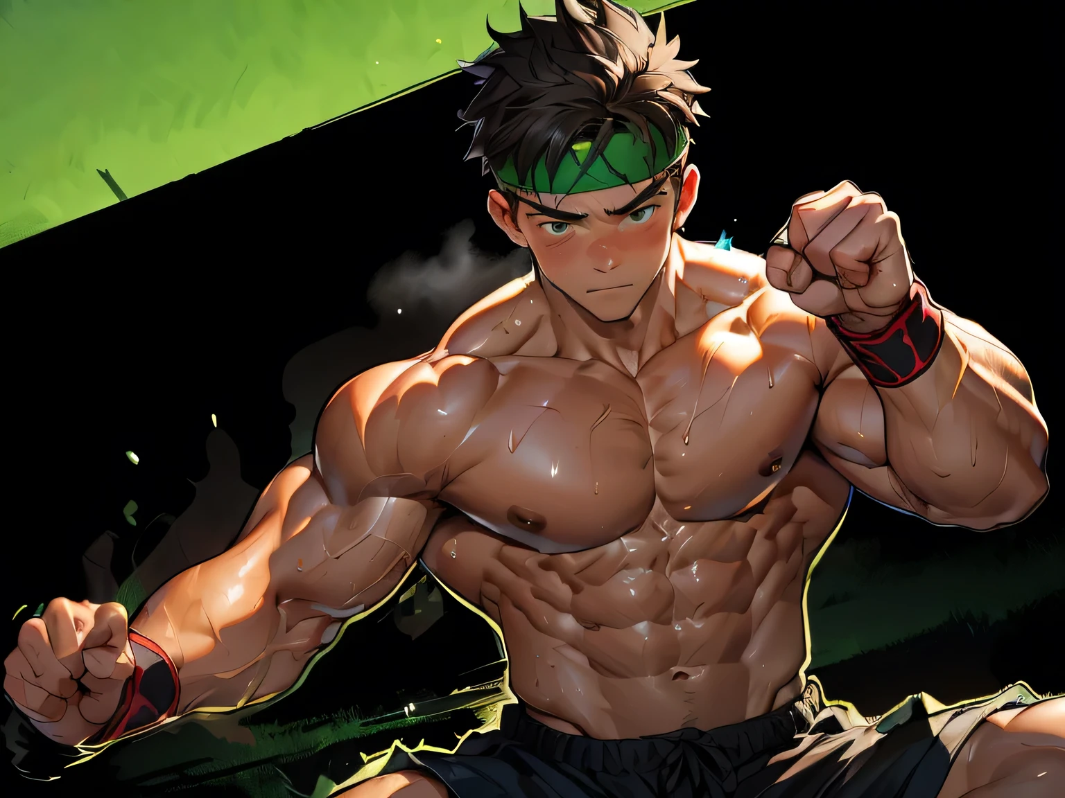 (Masterpiece, Best quality 19 year old boy, black background), solo, Young, boy, muscler, Shirtless, topless, ((((get knocked out, sweat, swoon, steam, defeat, damage, surrounded by swirling green aura)))), (Dark Short straight hair, ((almost completely shaved hair)), under cut, brown eyes), (red headband, ((black wristband))), Vivid colors, ((hot Abs:1.2, abs!, big abs, big breast:1.2, chest!, muscler upper arms, clenched fist)), (topless male), muscler!, muscler body, Man with martial arts stance, detailed face, detailed muscle, (((random fighting pose, powerful, action, rippling muscles, green aura around body, concentrate)))