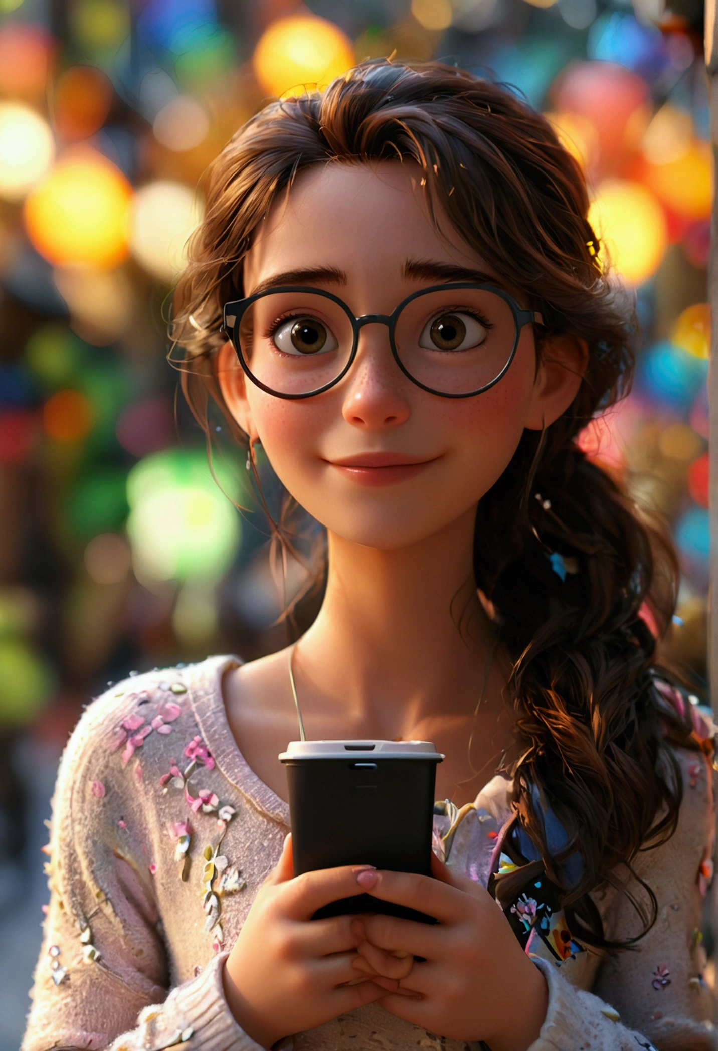 Cartoon character of a 27 year old woman drinking coffee and holding her cell phone, animation character, stylized character, animation style rendering, 3d stylized, Arnold Maya rendering, Stylized 3D rendering, toon render screenshot, 3d character, 3d character, Stylized 3D rendering, 3D character rendering, cartoon character, Personagem de close up, character posing, (Pixar-style) (master part:1.2) (bokeh) (best qualityer) (skin detailed) (detailed texture) (8K) (Argilla) (cinematic lighting) (sharp focus), smiling and looking at cell phone, background matching the colors