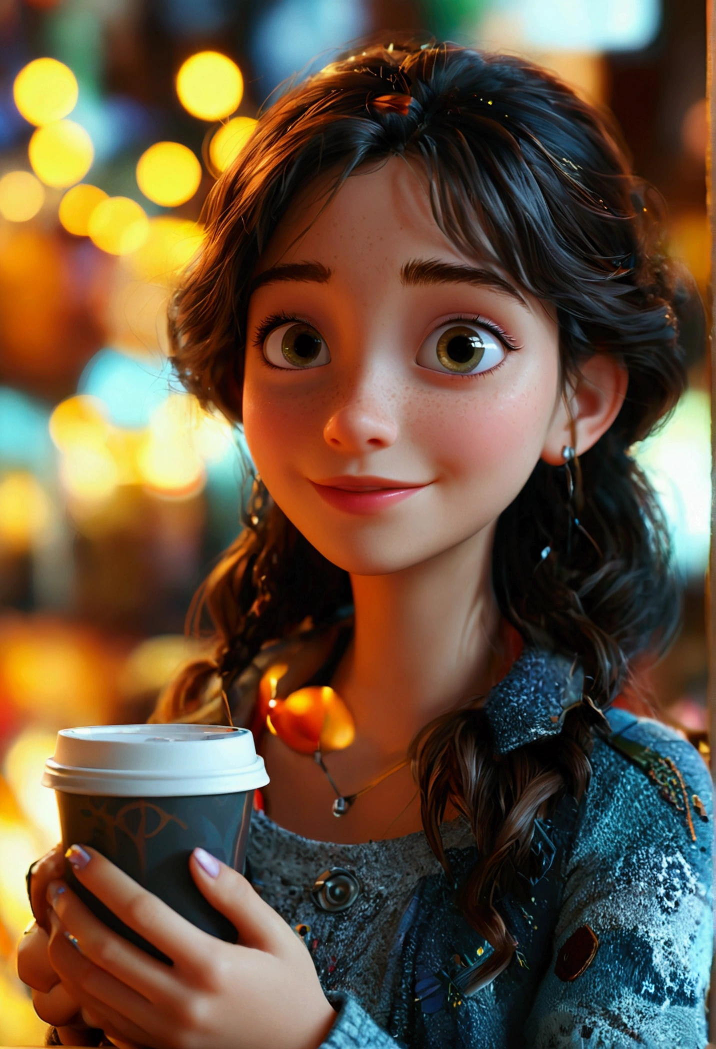 Cartoon character of a 27 year old woman drinking coffee and holding her cell phone, animation character, stylized character, animation style rendering, 3d stylized, Arnold Maya rendering, Stylized 3D rendering, toon render screenshot, 3d character, 3d character, Stylized 3D rendering, 3D character rendering, cartoon character, Personagem de close up, character posing, (Pixar-style) (master part:1.2) (bokeh) (best qualityer) (skin detailed) (detailed texture) (8K) (Argilla) (cinematic lighting) (sharp focus), smiling and looking at cell phone, background matching the colors