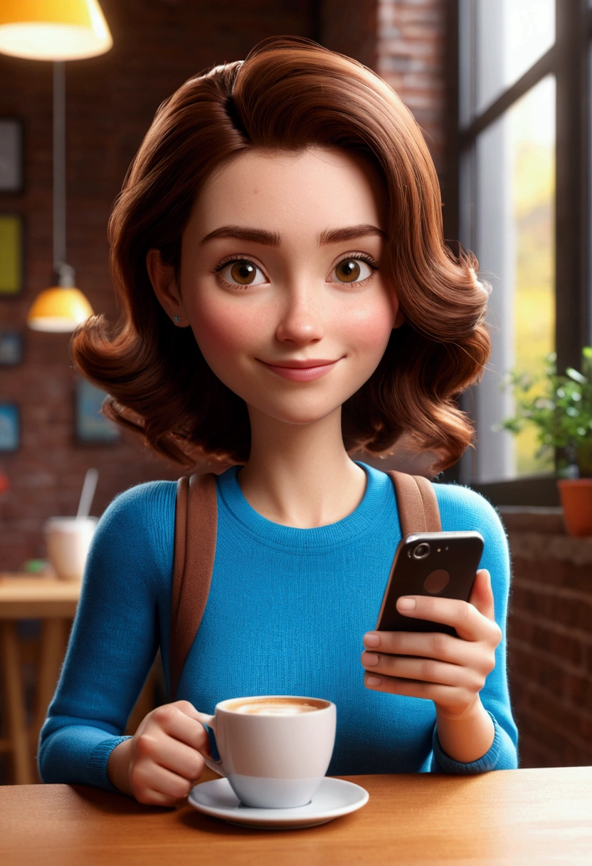 Cartoon character of a 27 year old woman drinking coffee and holding her cell phone, animation character, stylized character, animation style rendering, 3d stylized, Arnold Maya rendering, Stylized 3D rendering, toon render screenshot, 3d character, 3d character, Stylized 3D rendering, 3D character rendering, cartoon character, Personagem de close up, character posing, (Pixar-style) (master part:1.2) (bokeh) (best qualityer) (skin detailed) (detailed texture) (8K) (Argilla) (cinematic lighting) (sharp focus), smiling and looking at cell phone, background matching the colors