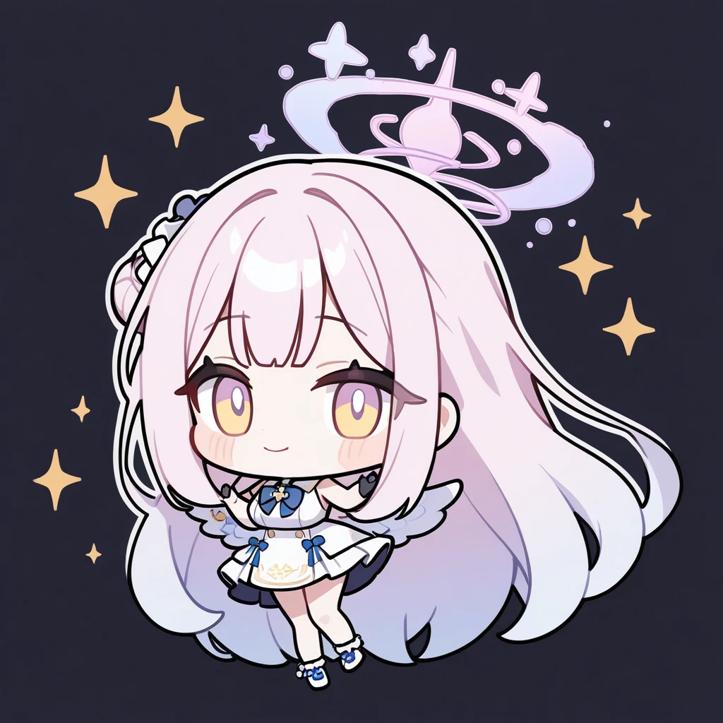 1Girl,mika (blue archive) , blue archive, smile , pink hair, big breasts, wings, halo, looking at viewer, black background,masterpiece, aesthetic, newest, white outline,chibi,full body, sparkle,ster