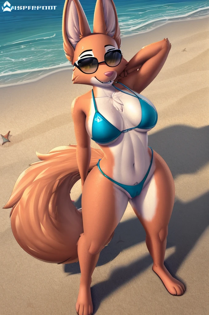 (by whisperfoot and dacad and nnecgrau), (Diane Foxington), female, (smooth colors), fine breasts, bed, day, ass, beautifull body, verry detailed body, (long fluffy tail:1.6), (verry tight bikini), dog paws, huge paws, sunglasses, crowd, best quality, detailed body, yellow eyes, best quality, ultra detailed CG unit 8k wallpaper, best quality face, sweaty ass, big ass, erotic pose, (standing), (camel toe), (amazing perspective), (amazing countershading), (beach:1.7)