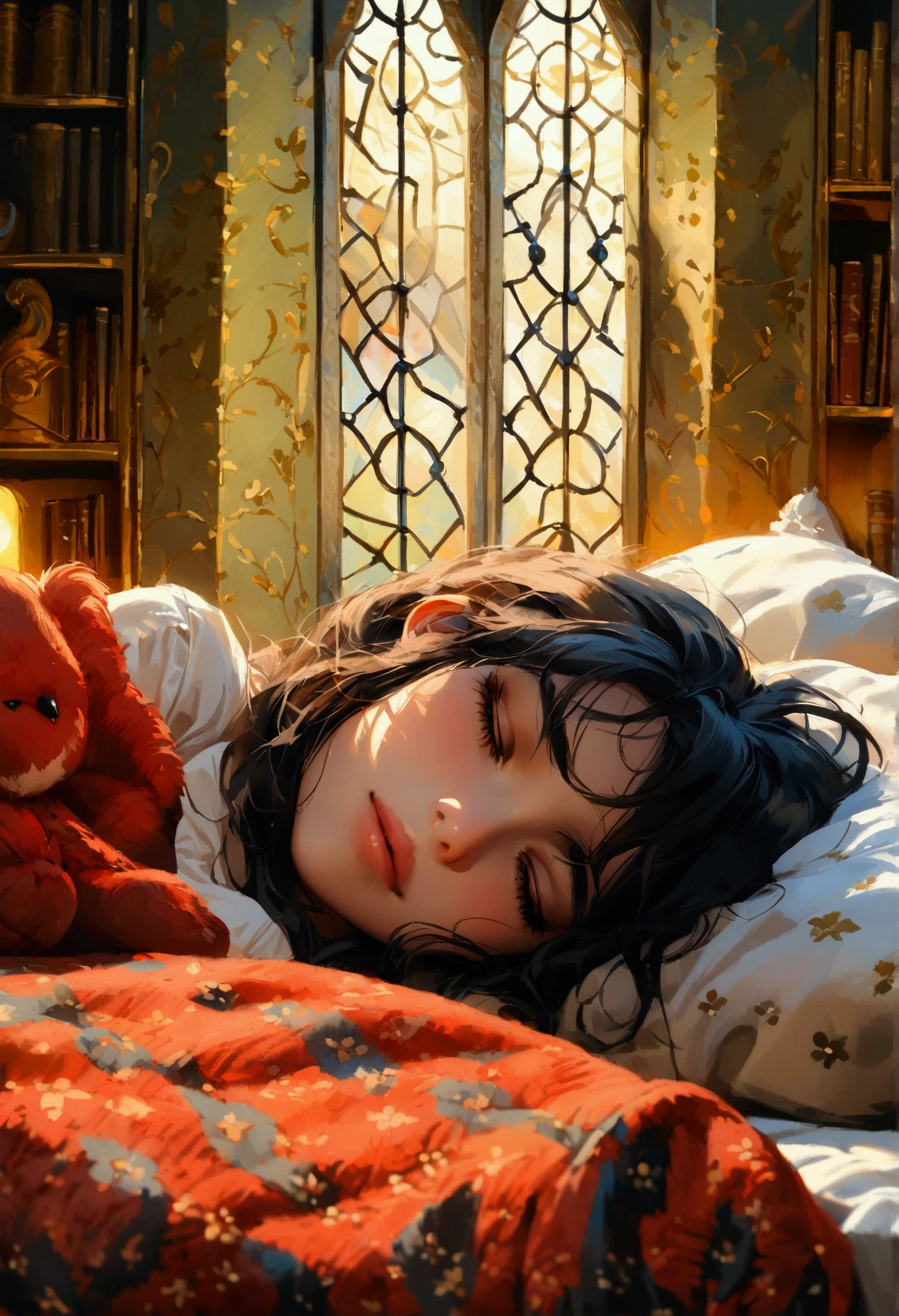 A sleeping girl, beautiful detailed eyes,beautiful detailed lips,extremely detailed eyes and face,longeyelashes, Severus Snape's daughter, sleeping peacefully in her bed in a shared room in the castle, oil painting, detailed interior, warm lighting, intricate architectural details, moody atmosphere, chiaroscuro lighting,masterpiece,photorealistic,cinematic,dramatic lighting,highly detailed
