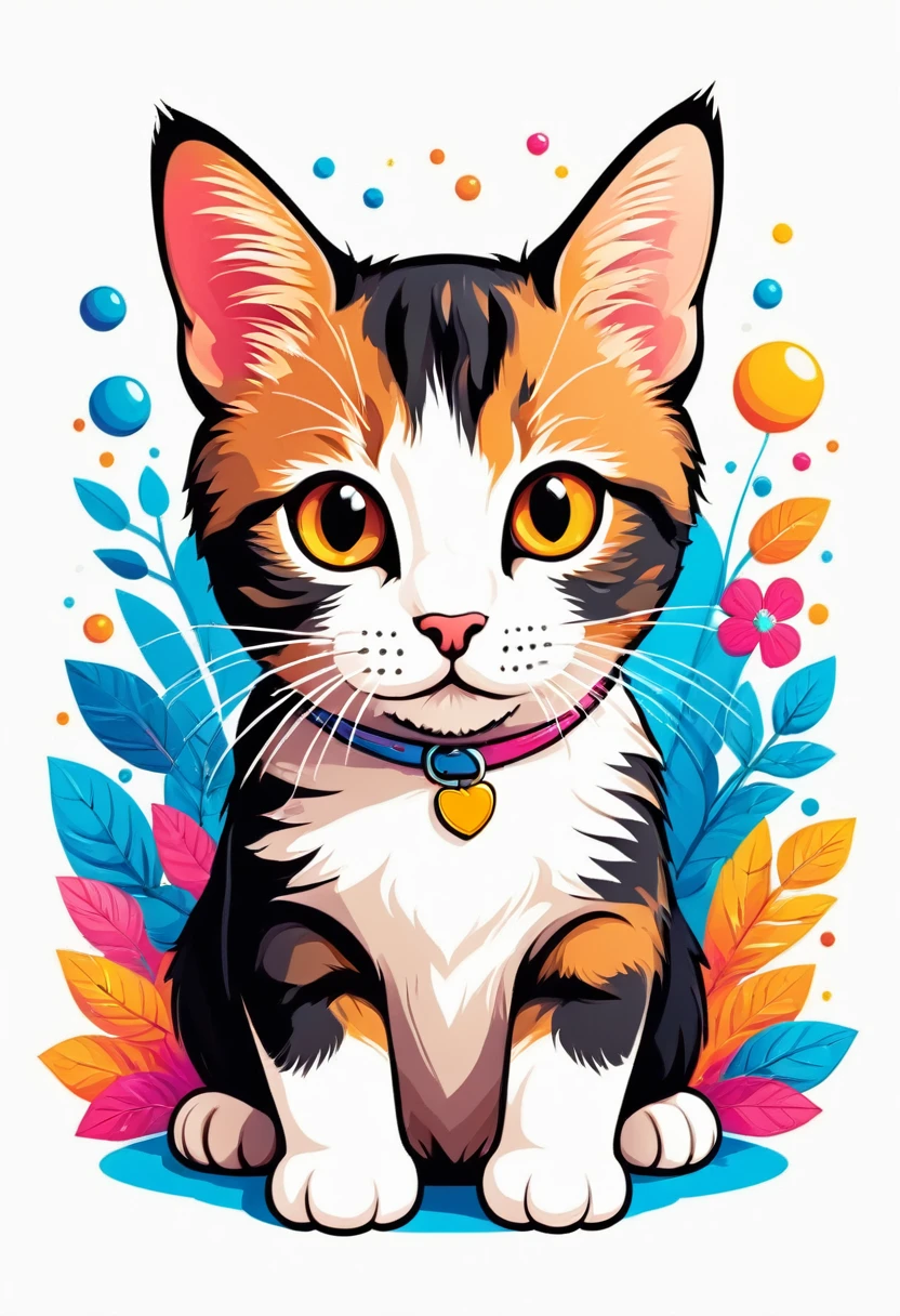A t-shirt with a flat illustration of a cute cat, vector feito no Adobe Illustration, ultra detailed contour in black, colorful tones, highly detailed cleanliness, imagem vectorial, photorealistic masterpiece, professional photograpy, plain white background, isometric, Vibrant, vector