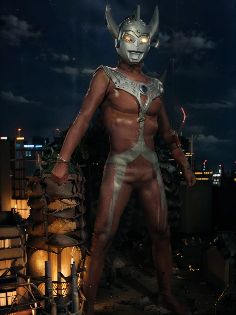Put arms together and emit rays,40m tall Giant superhero Ultraman Taro,standing on Tokyo Japan in the dark,The same size as the building,tall and slim, portrait, fighting pose, photo high quality, realistic photo, night scene,silver helmet, glass hemisphere on chest glows, yellow eyes, forehead lamp glows,martial arts pose, slim body,long limbs,4K